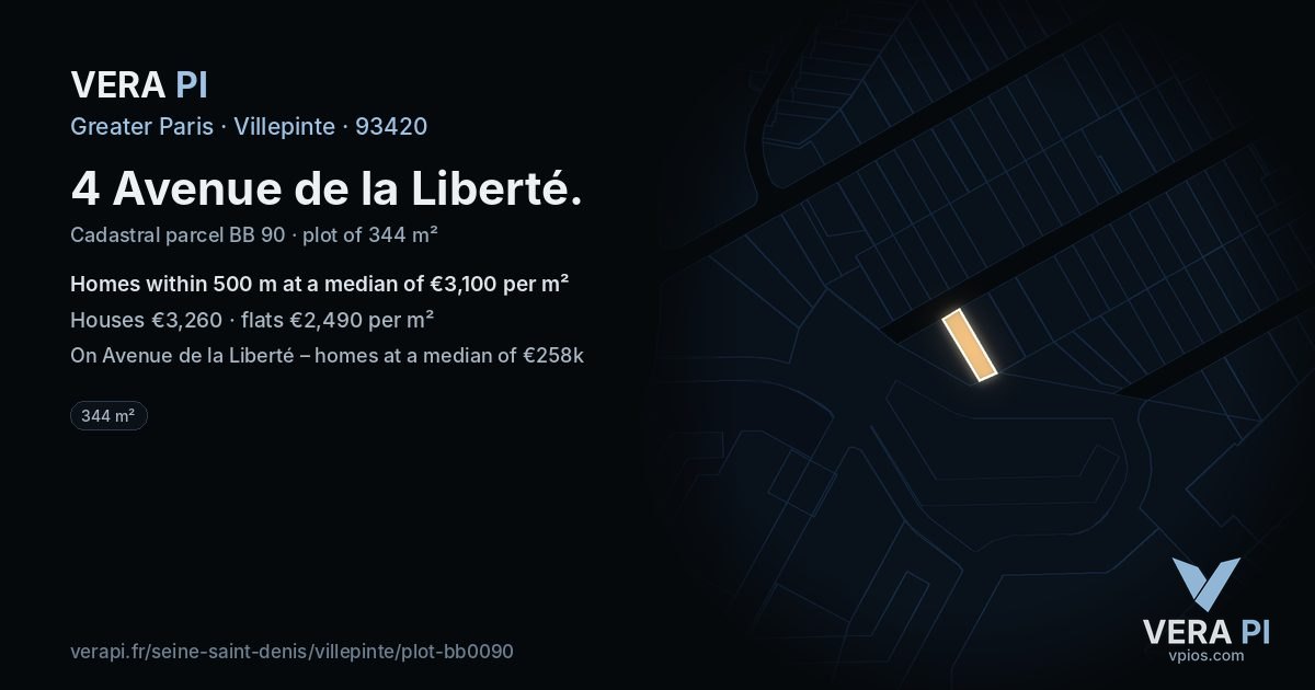 4 Avenue de la Liberté, Villepinte at night – the plot lit, the parcels around coloured by the prices near them