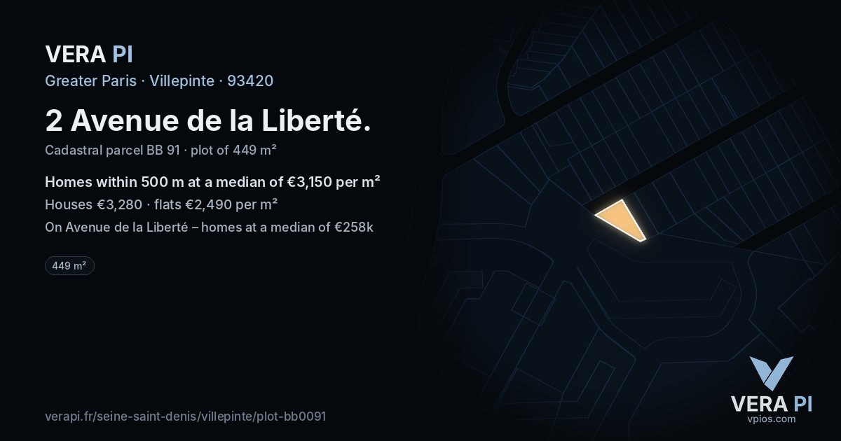 2 Avenue de la Liberté, Villepinte at night – the plot lit, the parcels around coloured by the prices near them