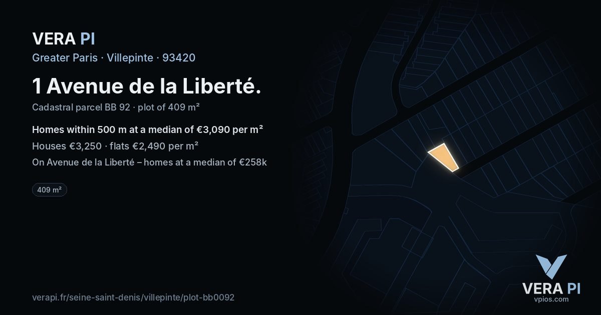 1 Avenue de la Liberté, Villepinte at night – the plot lit, the parcels around coloured by the prices near them