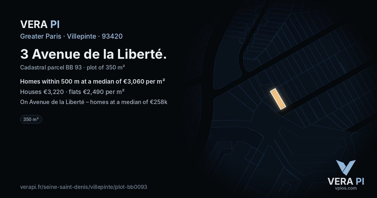 3 Avenue de la Liberté, Villepinte at night – the plot lit, the parcels around coloured by the prices near them