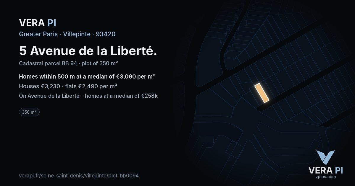 5 Avenue de la Liberté, Villepinte at night – the plot lit, the parcels around coloured by the prices near them