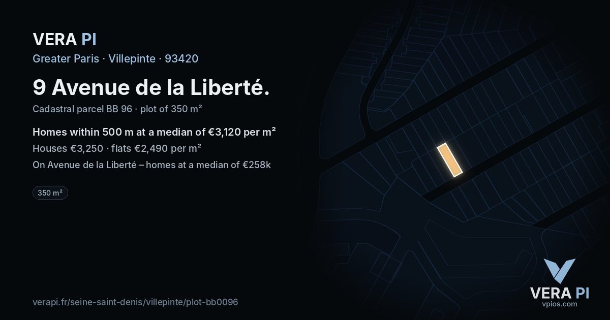 9 Avenue de la Liberté, Villepinte at night – the plot lit, the parcels around coloured by the prices near them