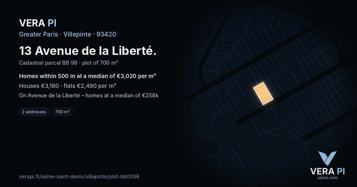 13 Avenue de la Liberté, Villepinte at night – the plot lit, the parcels around coloured by the prices near them