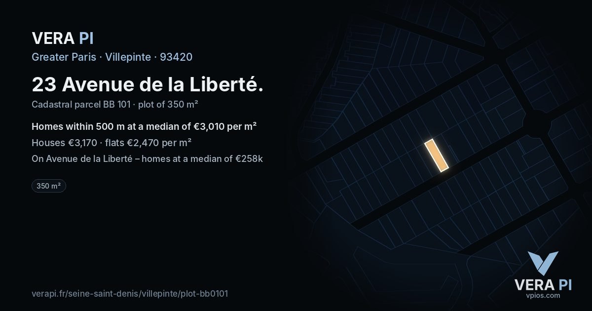 23 Avenue de la Liberté, Villepinte at night – the plot lit, the parcels around coloured by the prices near them