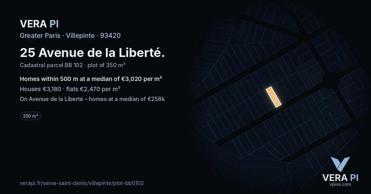 25 Avenue de la Liberté, Villepinte at night – the plot lit, the parcels around coloured by the prices near them