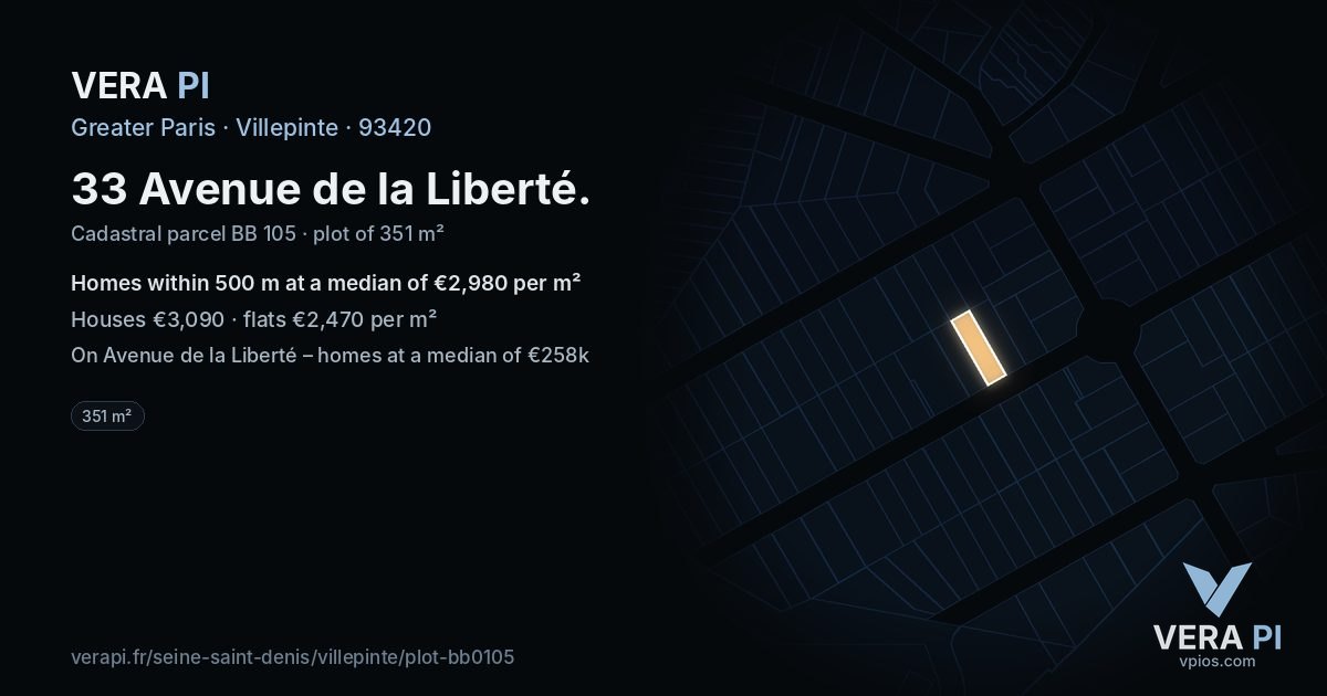 33 Avenue de la Liberté, Villepinte at night – the plot lit, the parcels around coloured by the prices near them