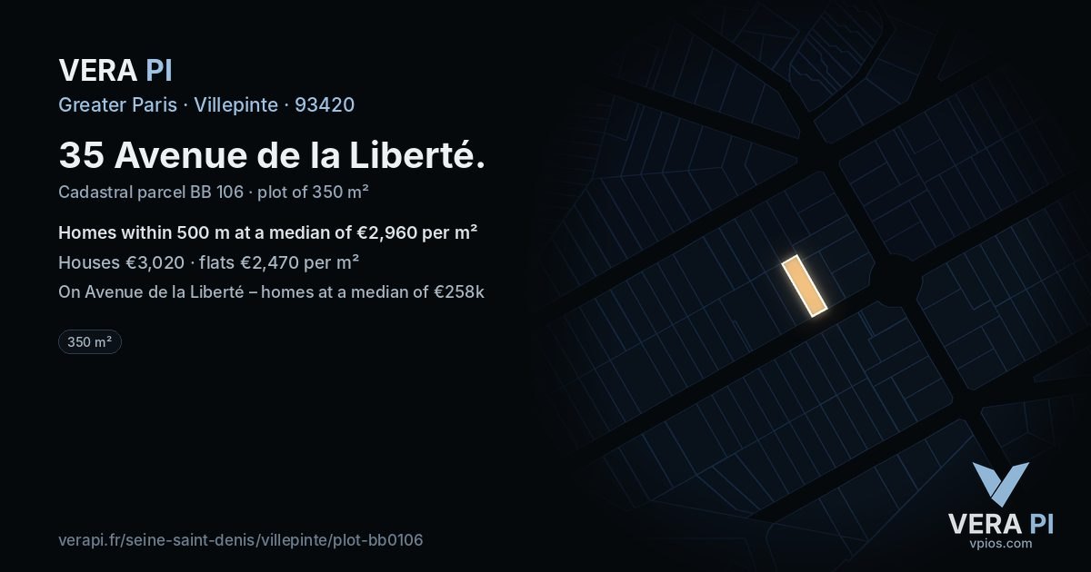 35 Avenue de la Liberté, Villepinte at night – the plot lit, the parcels around coloured by the prices near them