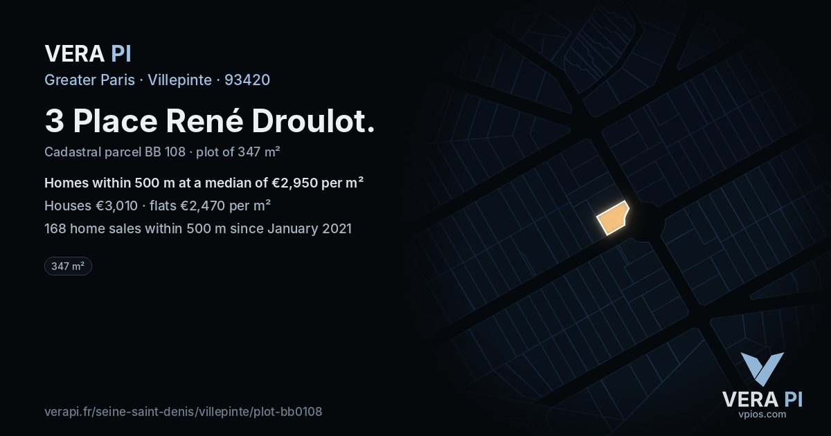 3 Place René Droulot, Villepinte at night – the plot lit, the parcels around coloured by the prices near them