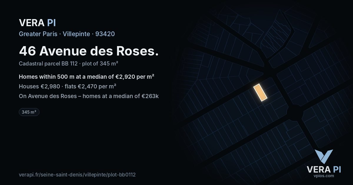 46 Avenue des Roses, Villepinte at night – the plot lit, the parcels around coloured by the prices near them