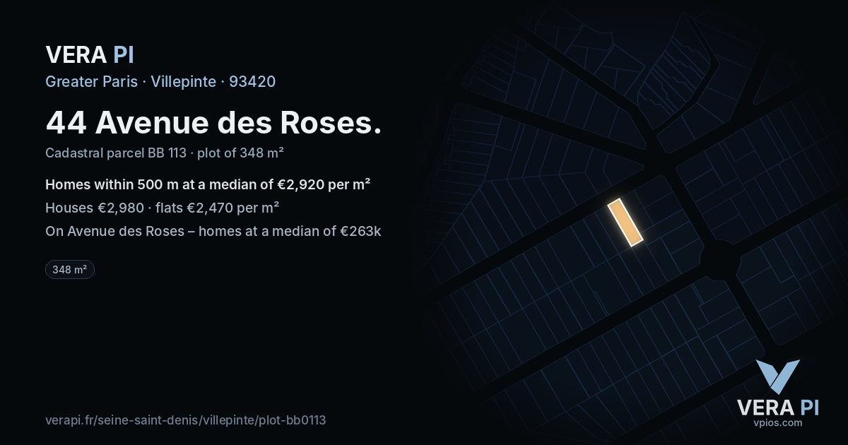 44 Avenue des Roses, Villepinte at night – the plot lit, the parcels around coloured by the prices near them