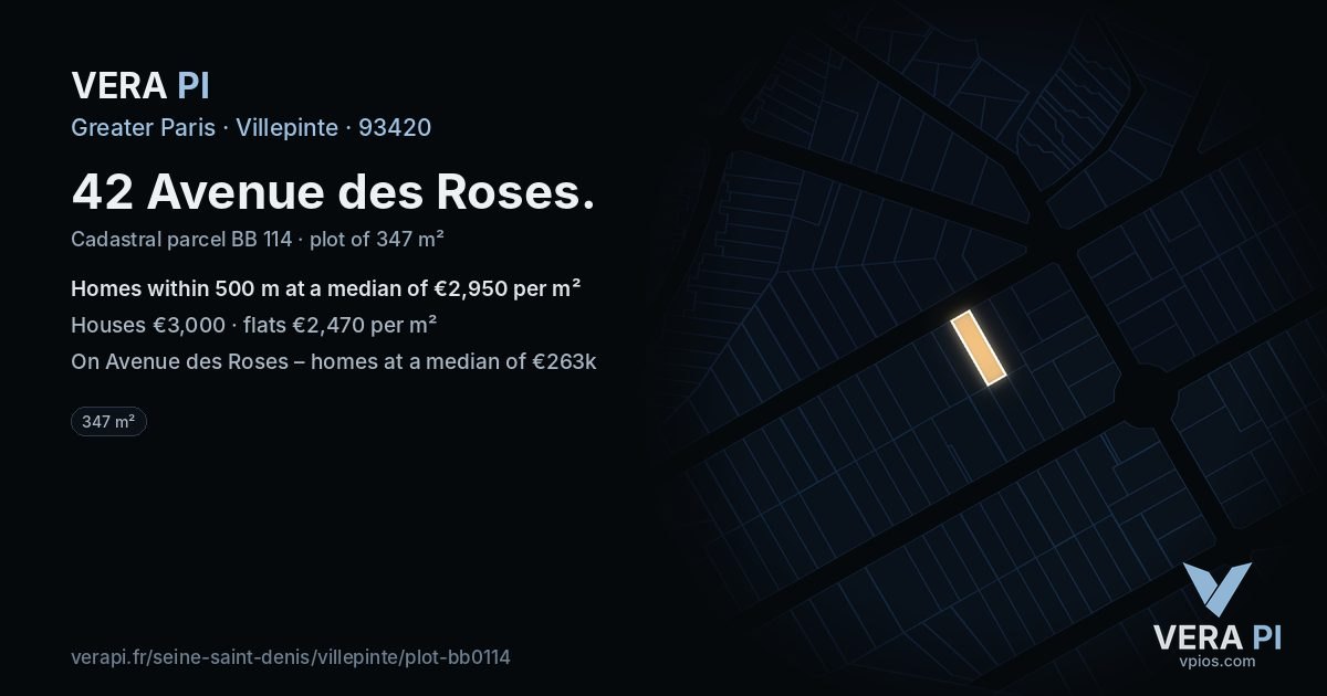 42 Avenue des Roses, Villepinte at night – the plot lit, the parcels around coloured by the prices near them