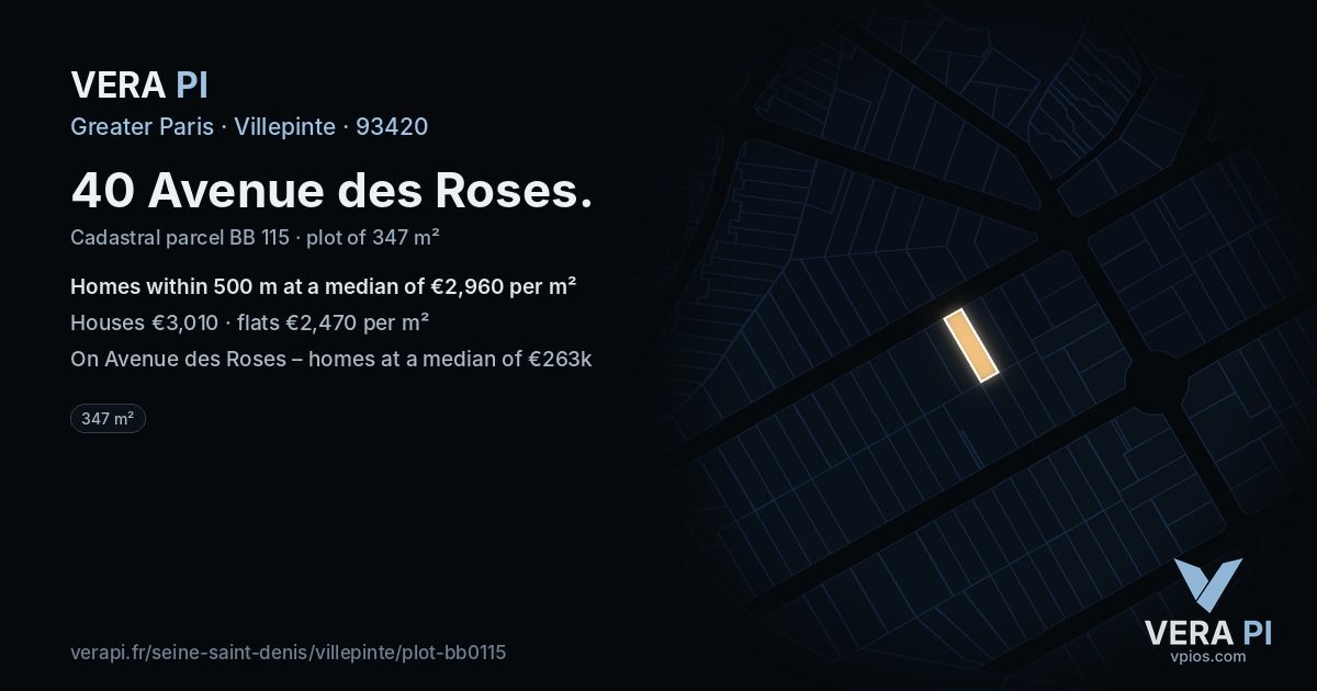40 Avenue des Roses, Villepinte at night – the plot lit, the parcels around coloured by the prices near them