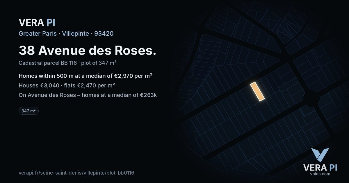38 Avenue des Roses, Villepinte at night – the plot lit, the parcels around coloured by the prices near them