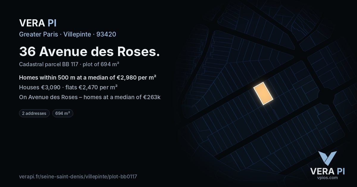 36 Avenue des Roses, Villepinte at night – the plot lit, the parcels around coloured by the prices near them