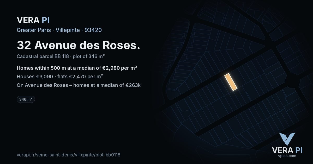 32 Avenue des Roses, Villepinte at night – the plot lit, the parcels around coloured by the prices near them
