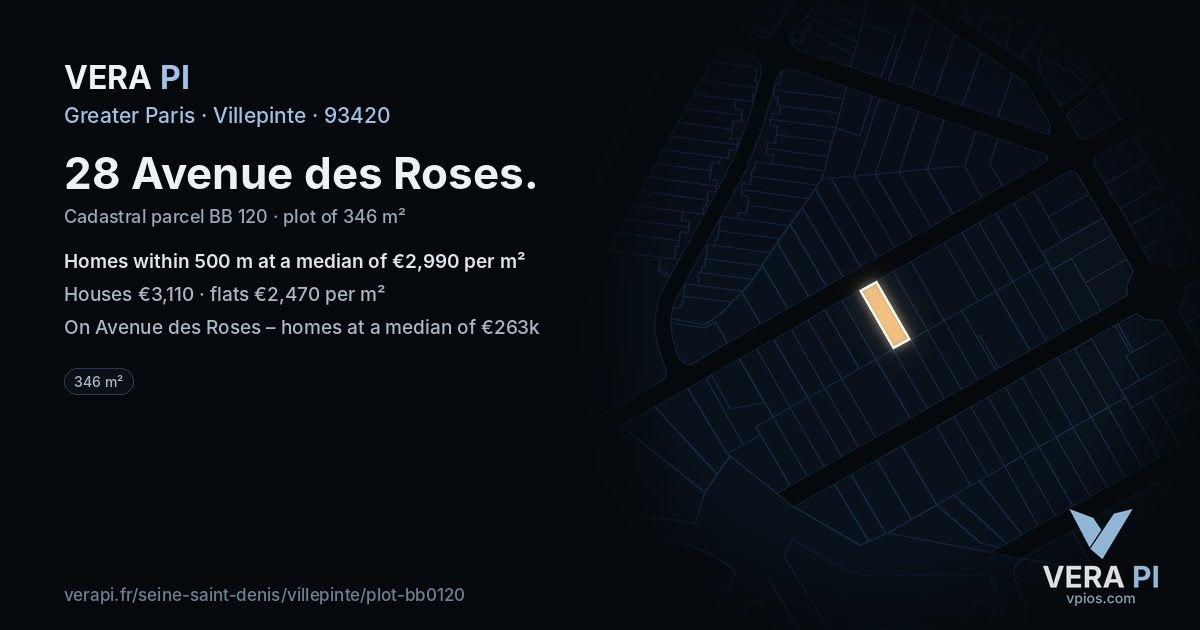 28 Avenue des Roses, Villepinte at night – the plot lit, the parcels around coloured by the prices near them
