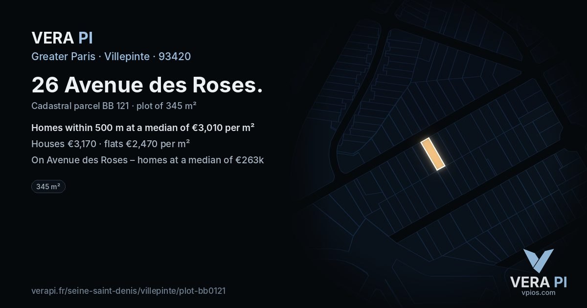 26 Avenue des Roses, Villepinte at night – the plot lit, the parcels around coloured by the prices near them