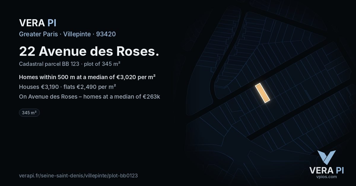 22 Avenue des Roses, Villepinte at night – the plot lit, the parcels around coloured by the prices near them