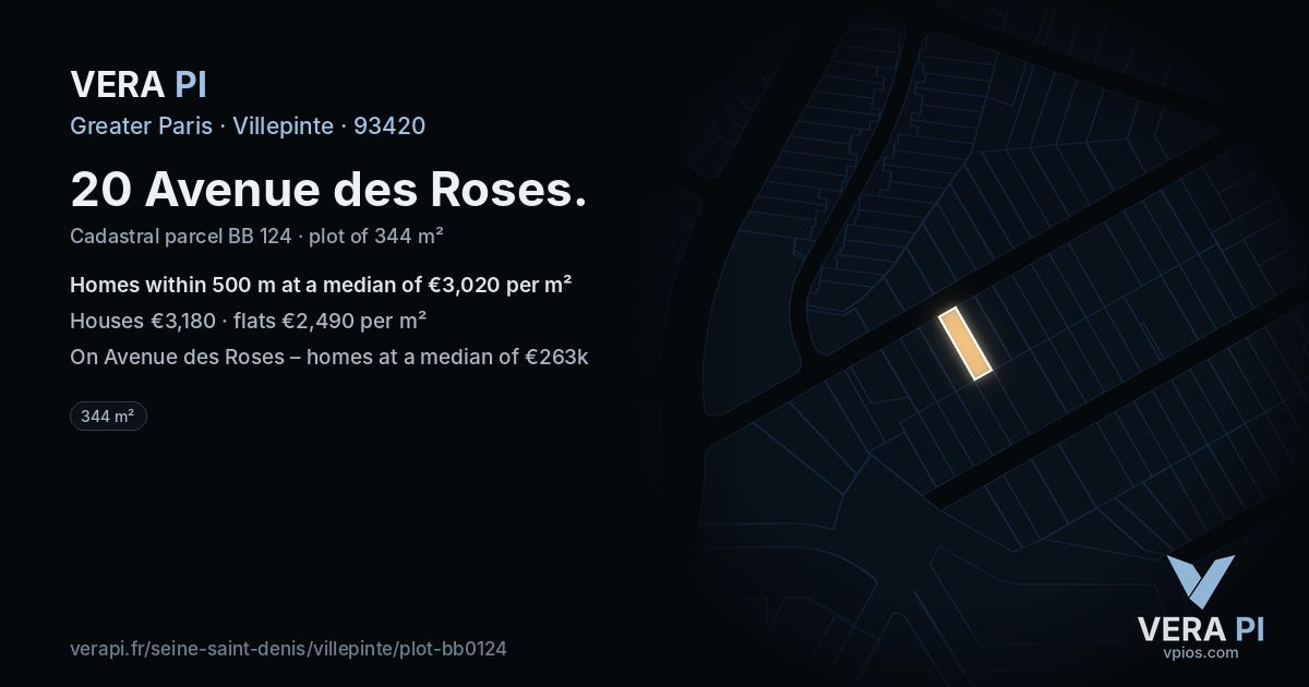 20 Avenue des Roses, Villepinte at night – the plot lit, the parcels around coloured by the prices near them