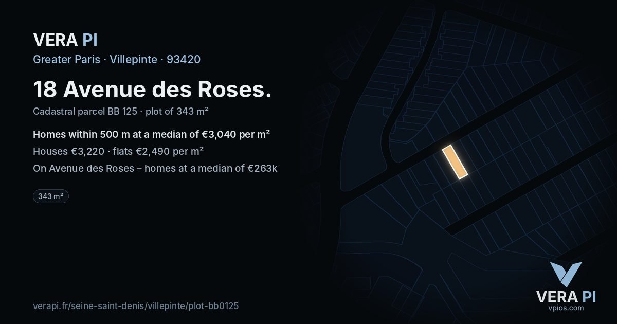 18 Avenue des Roses, Villepinte at night – the plot lit, the parcels around coloured by the prices near them