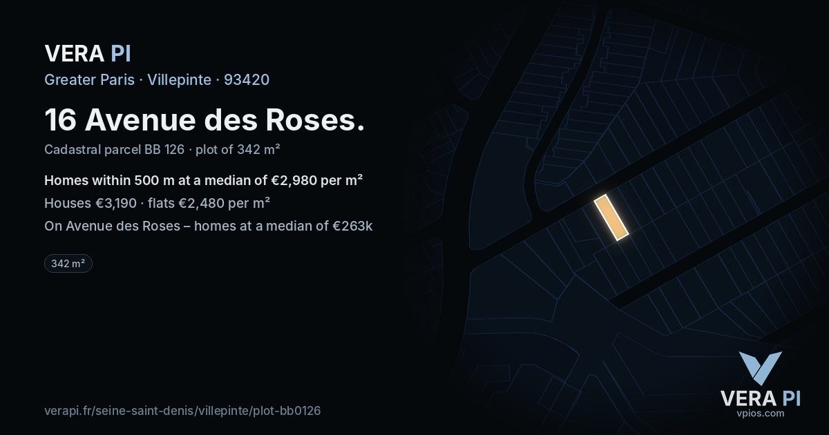 16 Avenue des Roses, Villepinte at night – the plot lit, the parcels around coloured by the prices near them