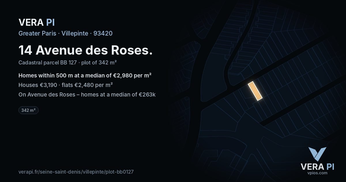 14 Avenue des Roses, Villepinte at night – the plot lit, the parcels around coloured by the prices near them
