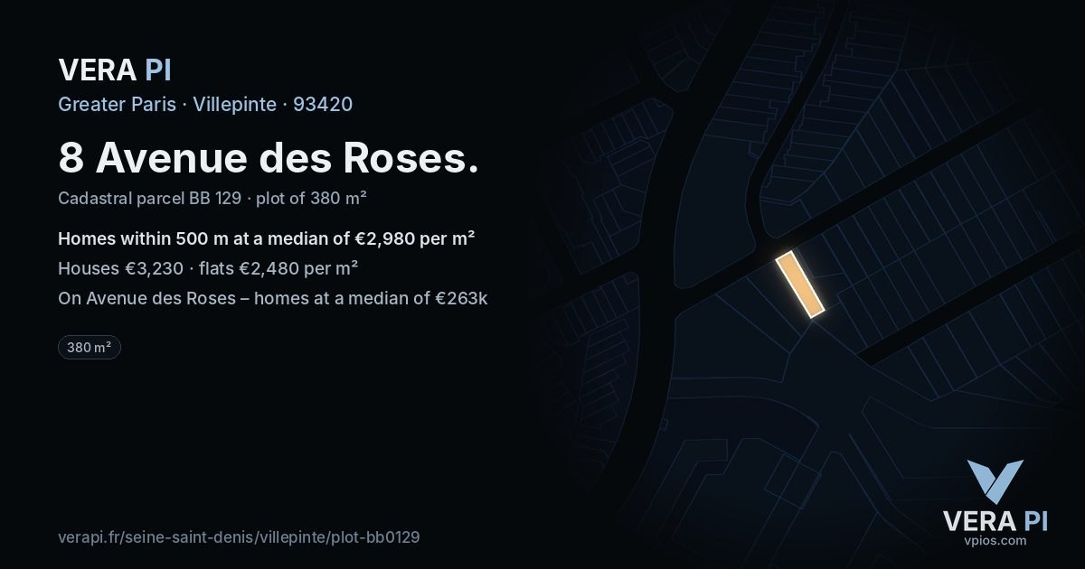 8 Avenue des Roses, Villepinte at night – the plot lit, the parcels around coloured by the prices near them