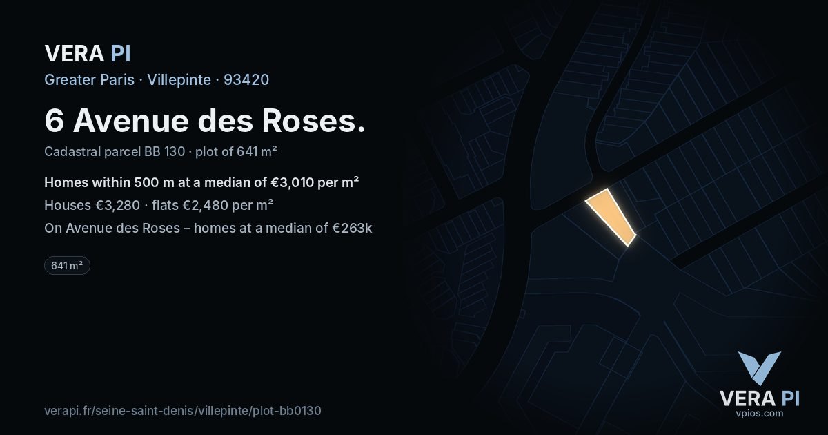 6 Avenue des Roses, Villepinte at night – the plot lit, the parcels around coloured by the prices near them