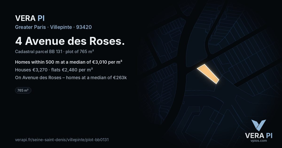 4 Avenue des Roses, Villepinte at night – the plot lit, the parcels around coloured by the prices near them