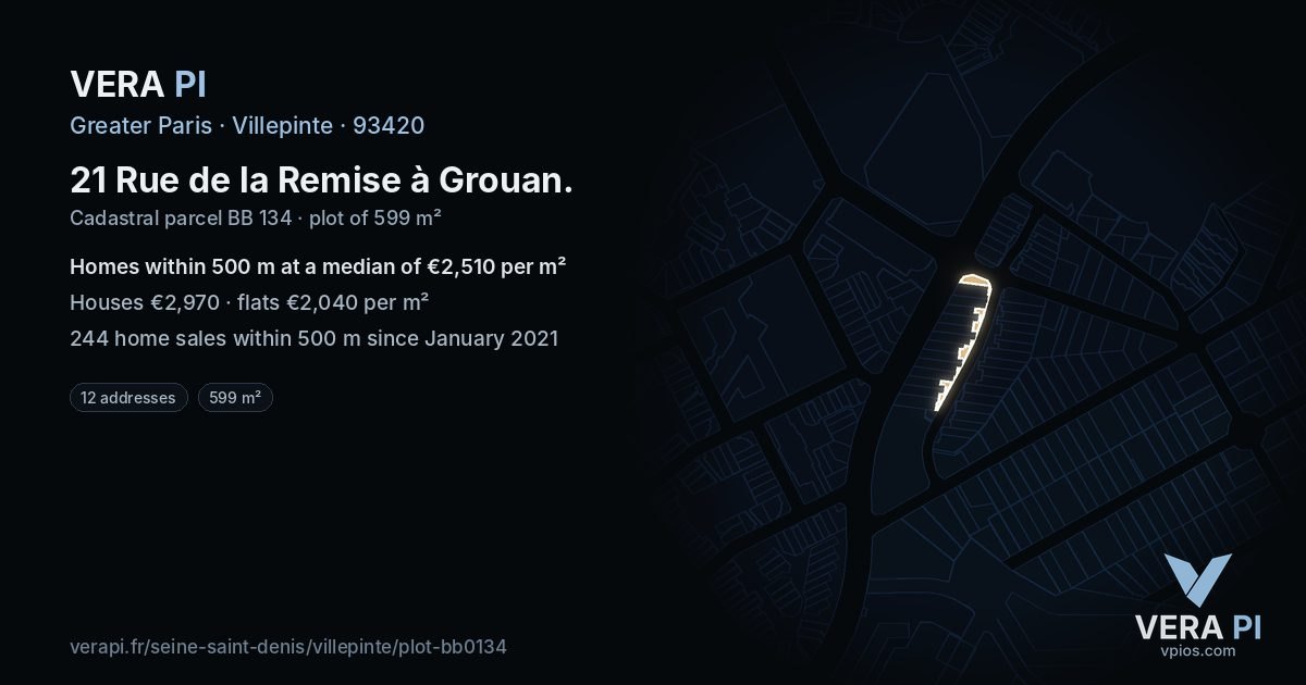 21 Rue de la Remise à Grouan, Villepinte at night – the plot lit, the parcels around coloured by the prices near them