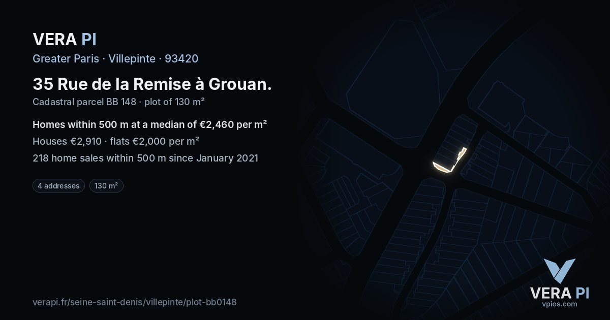 35 Rue de la Remise à Grouan, Villepinte at night – the plot lit, the parcels around coloured by the prices near them