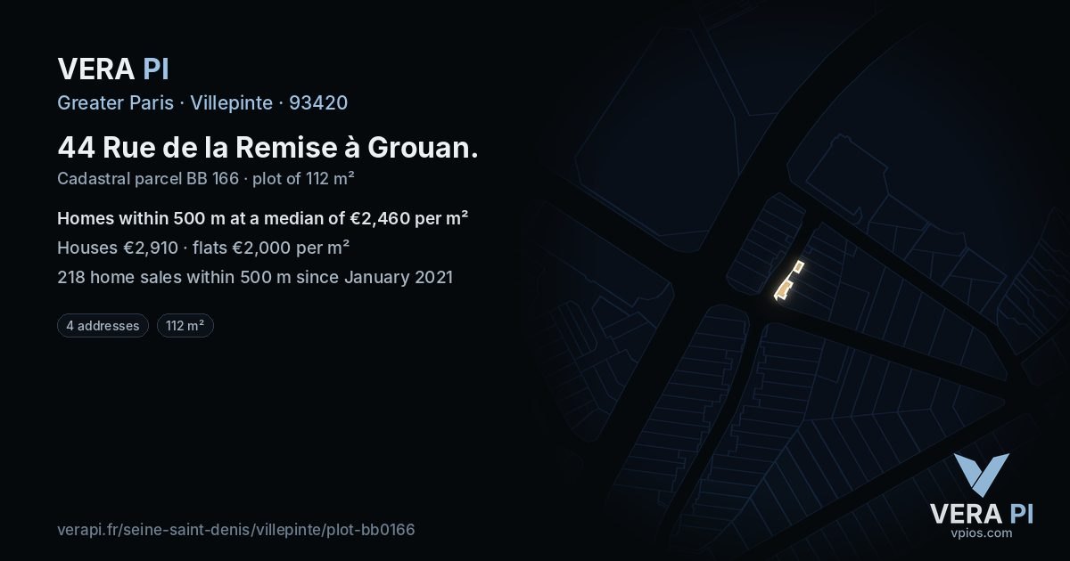 44 Rue de la Remise à Grouan, Villepinte at night – the plot lit, the parcels around coloured by the prices near them
