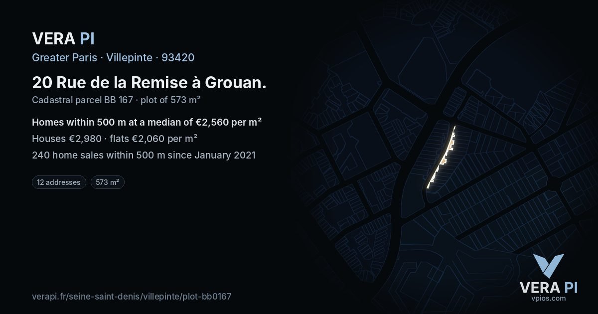 20 Rue de la Remise à Grouan, Villepinte at night – the plot lit, the parcels around coloured by the prices near them