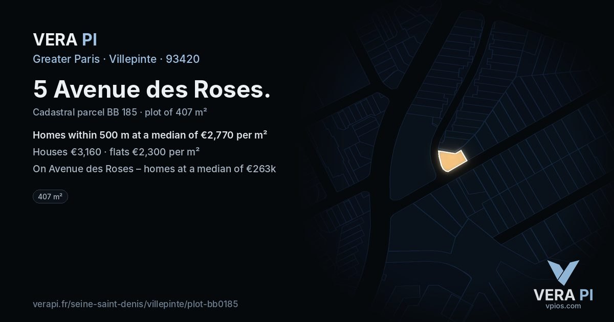 5 Avenue des Roses, Villepinte at night – the plot lit, the parcels around coloured by the prices near them