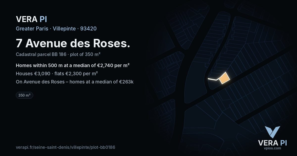 7 Avenue des Roses, Villepinte at night – the plot lit, the parcels around coloured by the prices near them