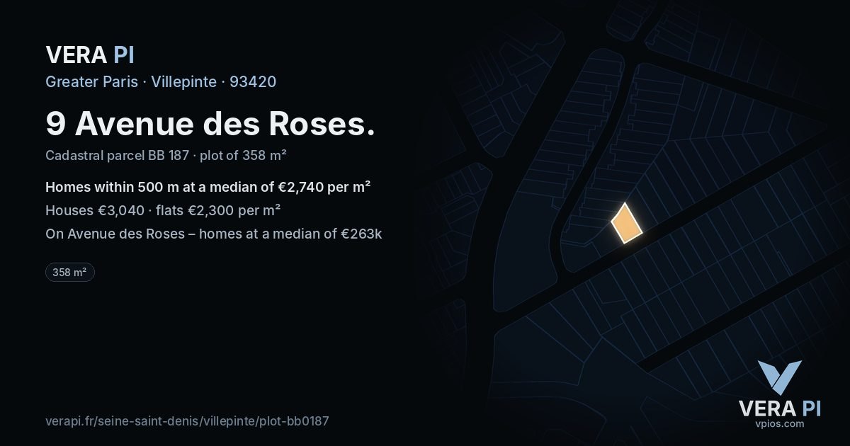 9 Avenue des Roses, Villepinte at night – the plot lit, the parcels around coloured by the prices near them