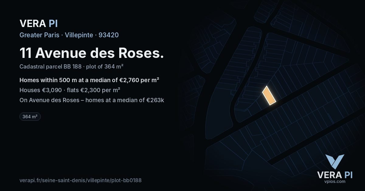 11 Avenue des Roses, Villepinte at night – the plot lit, the parcels around coloured by the prices near them