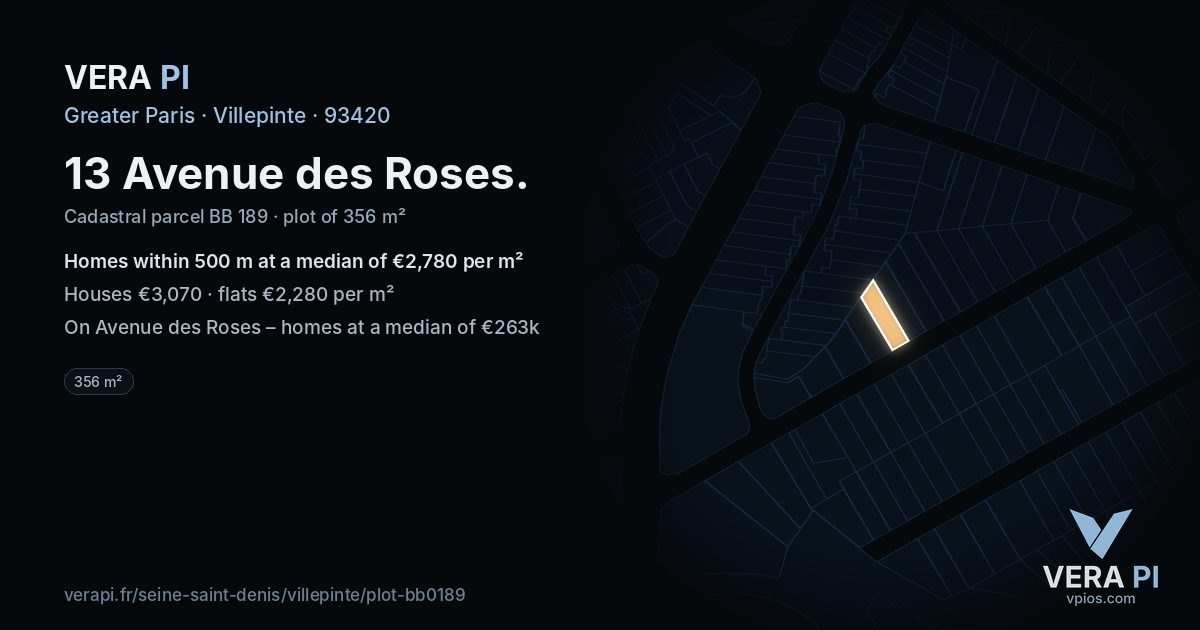 13 Avenue des Roses, Villepinte at night – the plot lit, the parcels around coloured by the prices near them