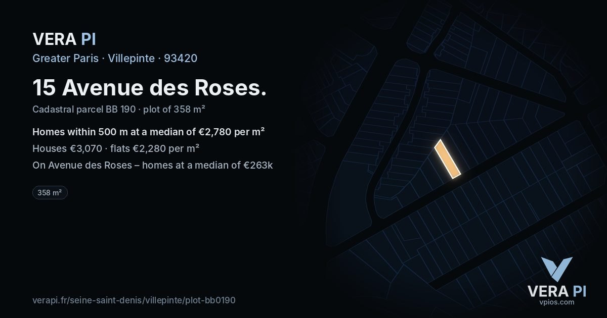15 Avenue des Roses, Villepinte at night – the plot lit, the parcels around coloured by the prices near them