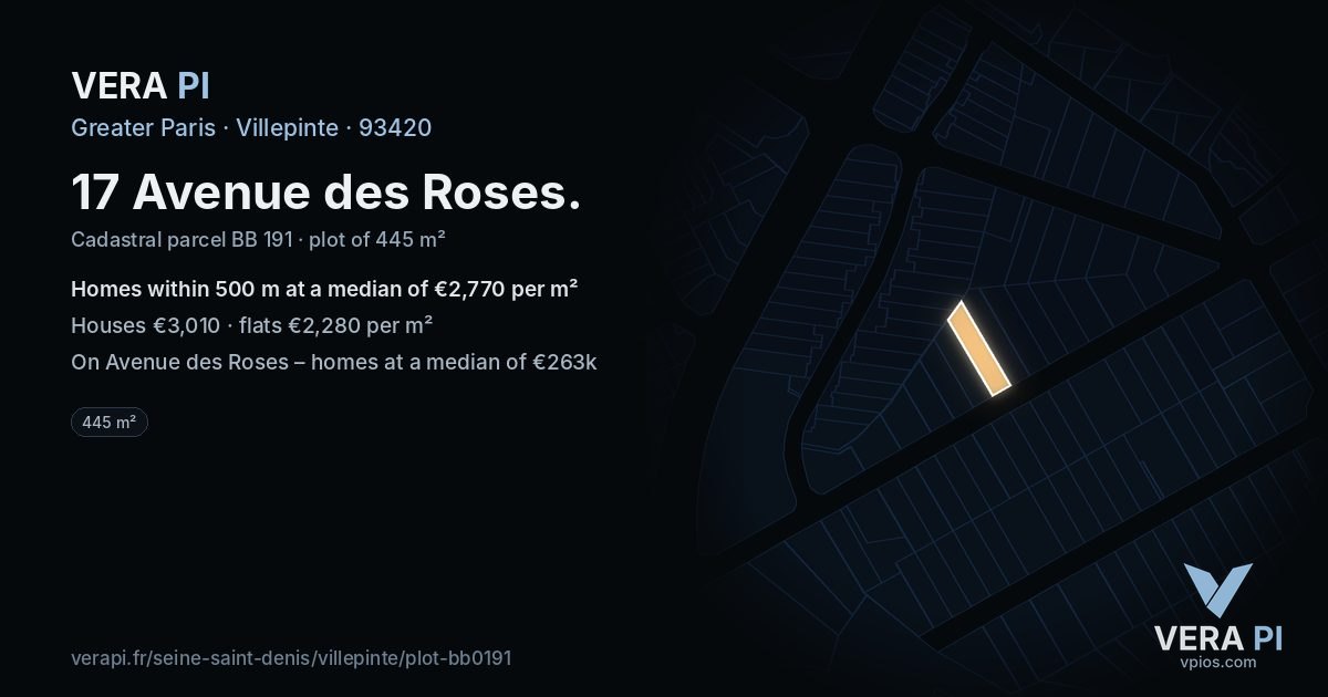 17 Avenue des Roses, Villepinte at night – the plot lit, the parcels around coloured by the prices near them