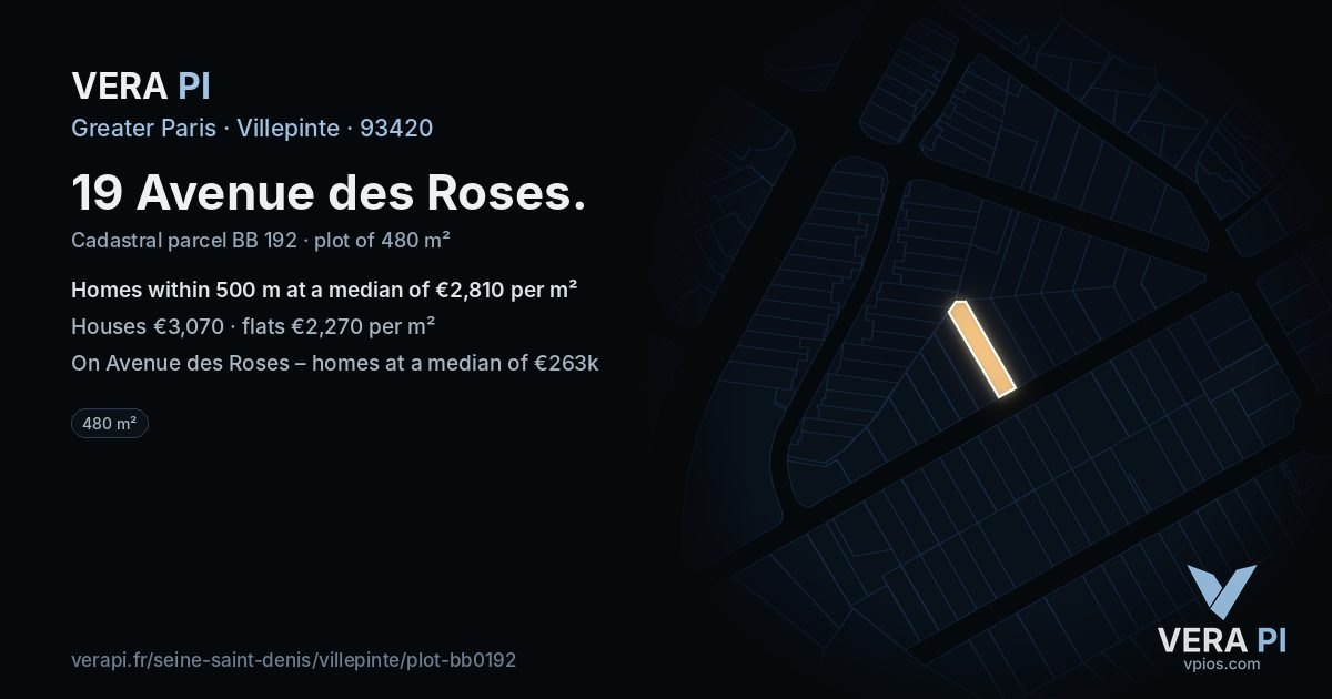 19 Avenue des Roses, Villepinte at night – the plot lit, the parcels around coloured by the prices near them