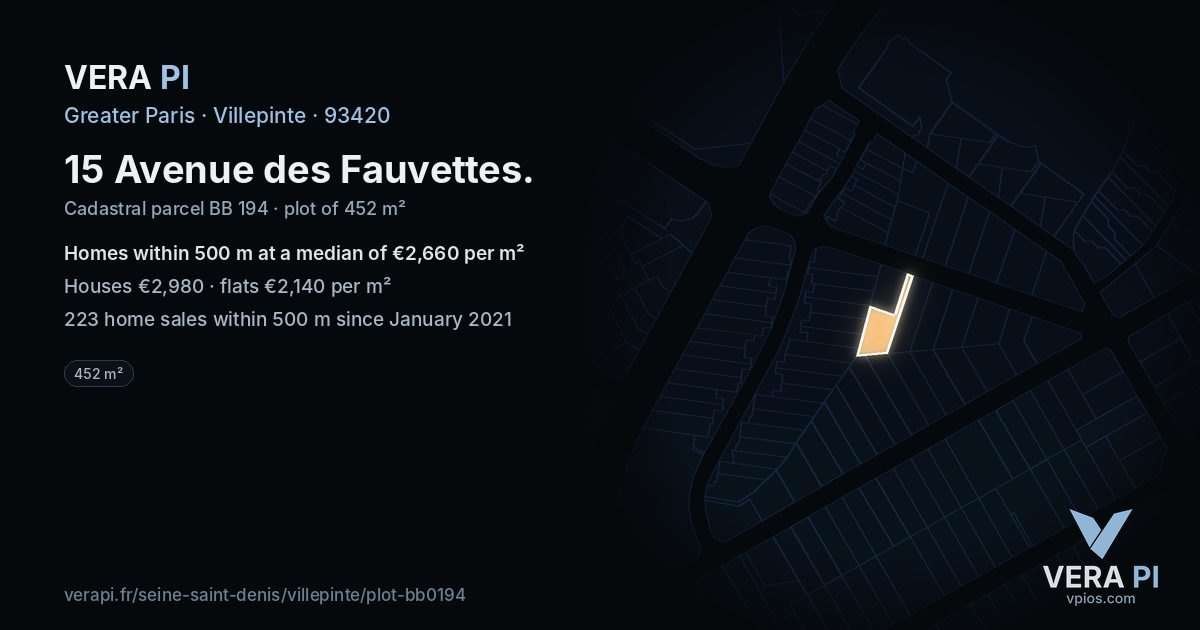 15 Avenue des Fauvettes, Villepinte at night – the plot lit, the parcels around coloured by the prices near them