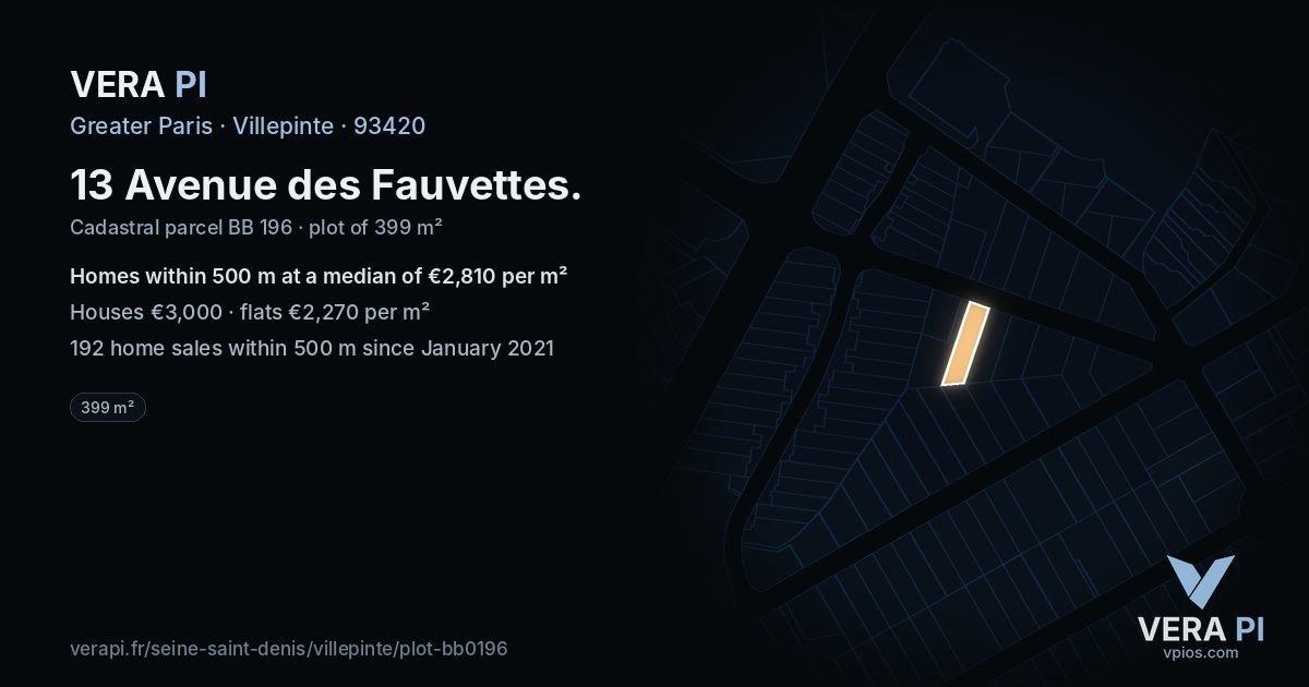 13 Avenue des Fauvettes, Villepinte at night – the plot lit, the parcels around coloured by the prices near them