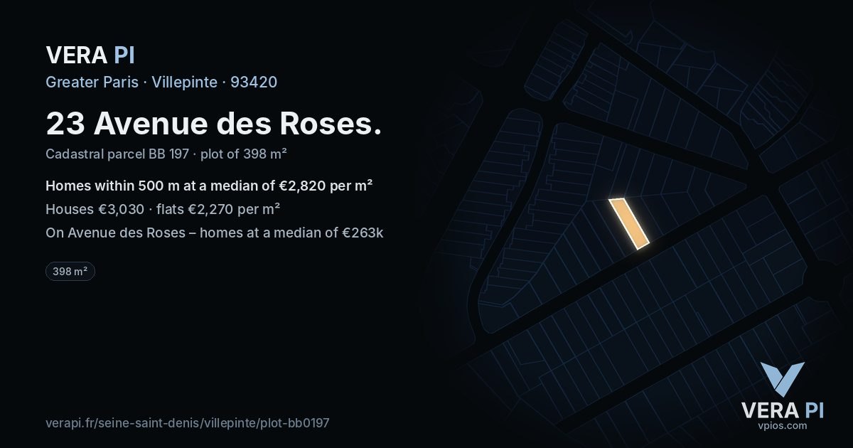 23 Avenue des Roses, Villepinte at night – the plot lit, the parcels around coloured by the prices near them