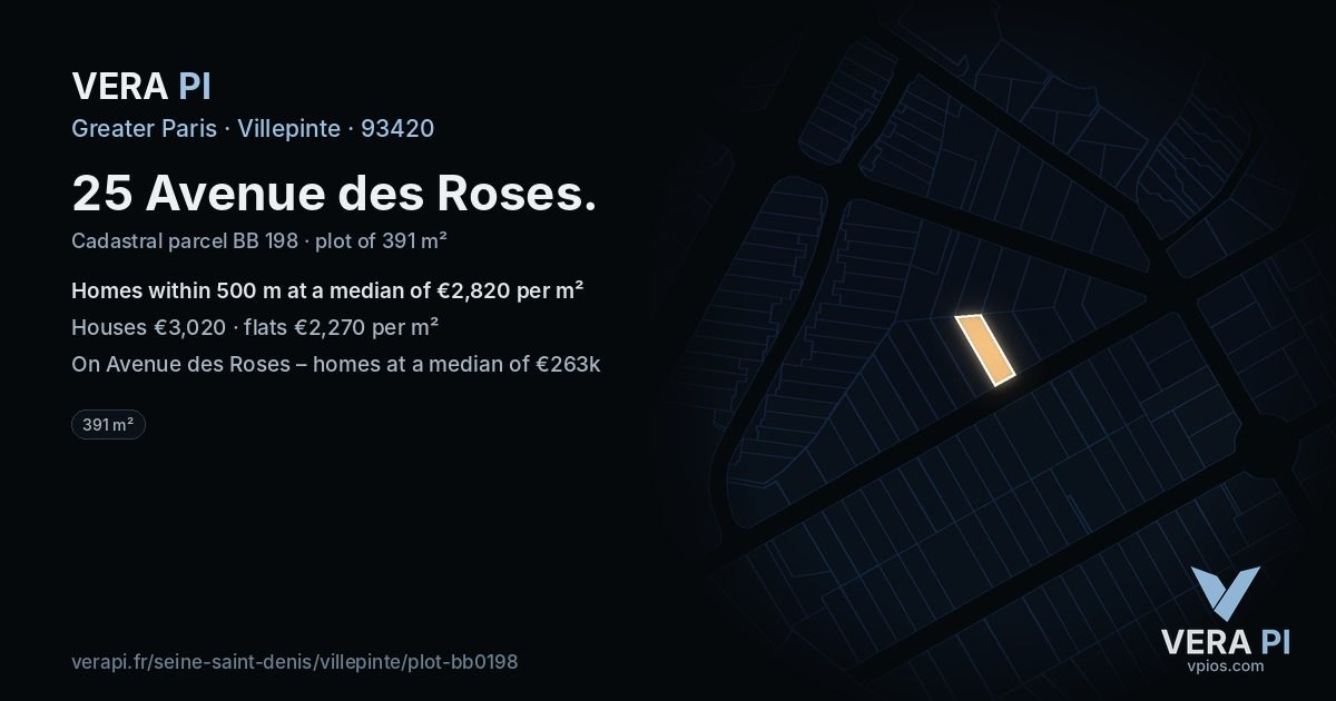 25 Avenue des Roses, Villepinte at night – the plot lit, the parcels around coloured by the prices near them