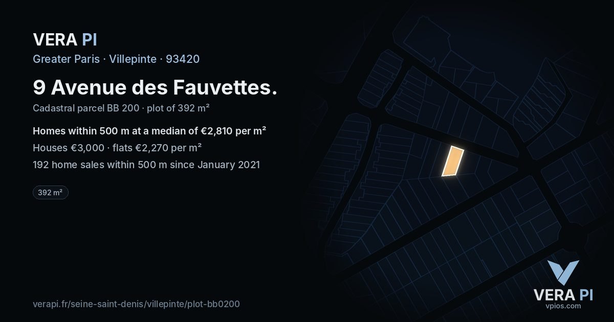 9 Avenue des Fauvettes, Villepinte at night – the plot lit, the parcels around coloured by the prices near them