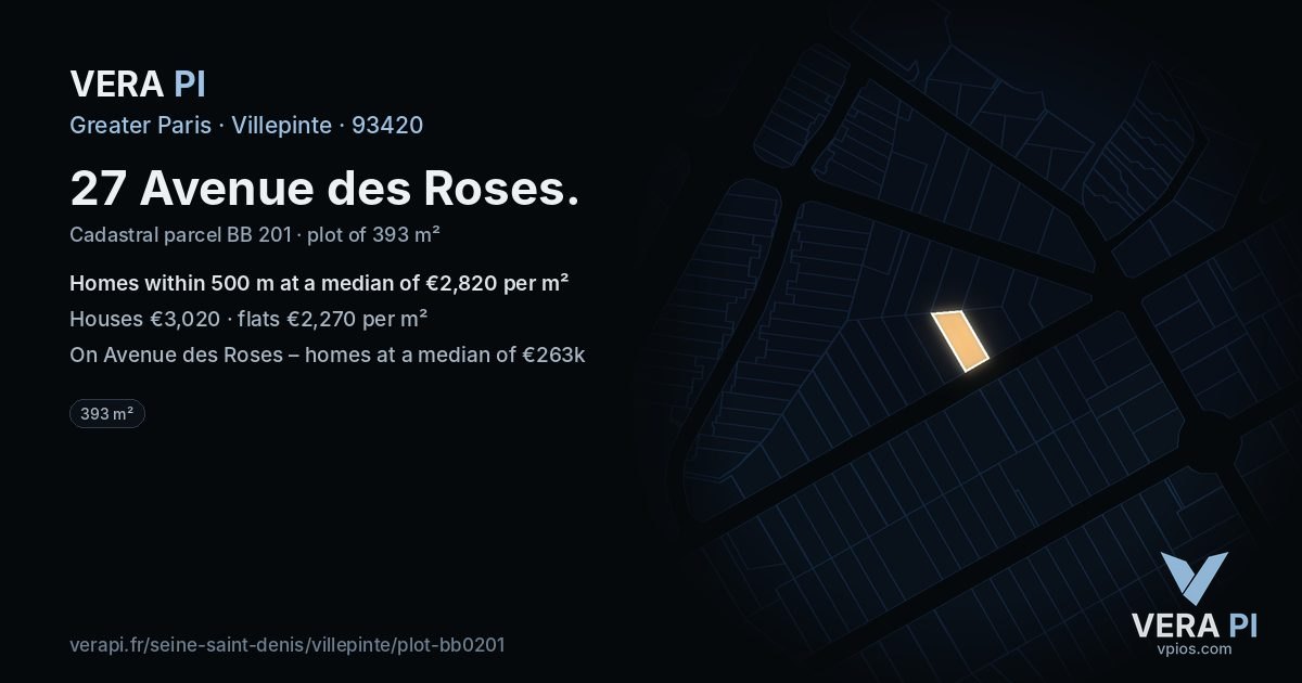 27 Avenue des Roses, Villepinte at night – the plot lit, the parcels around coloured by the prices near them
