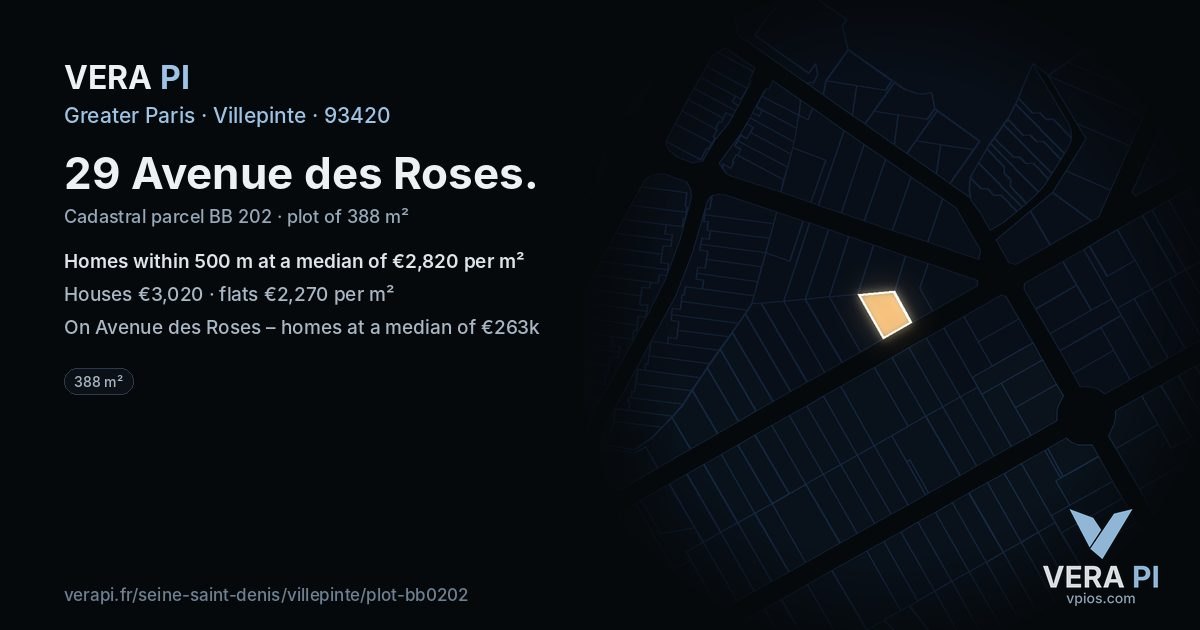 29 Avenue des Roses, Villepinte at night – the plot lit, the parcels around coloured by the prices near them