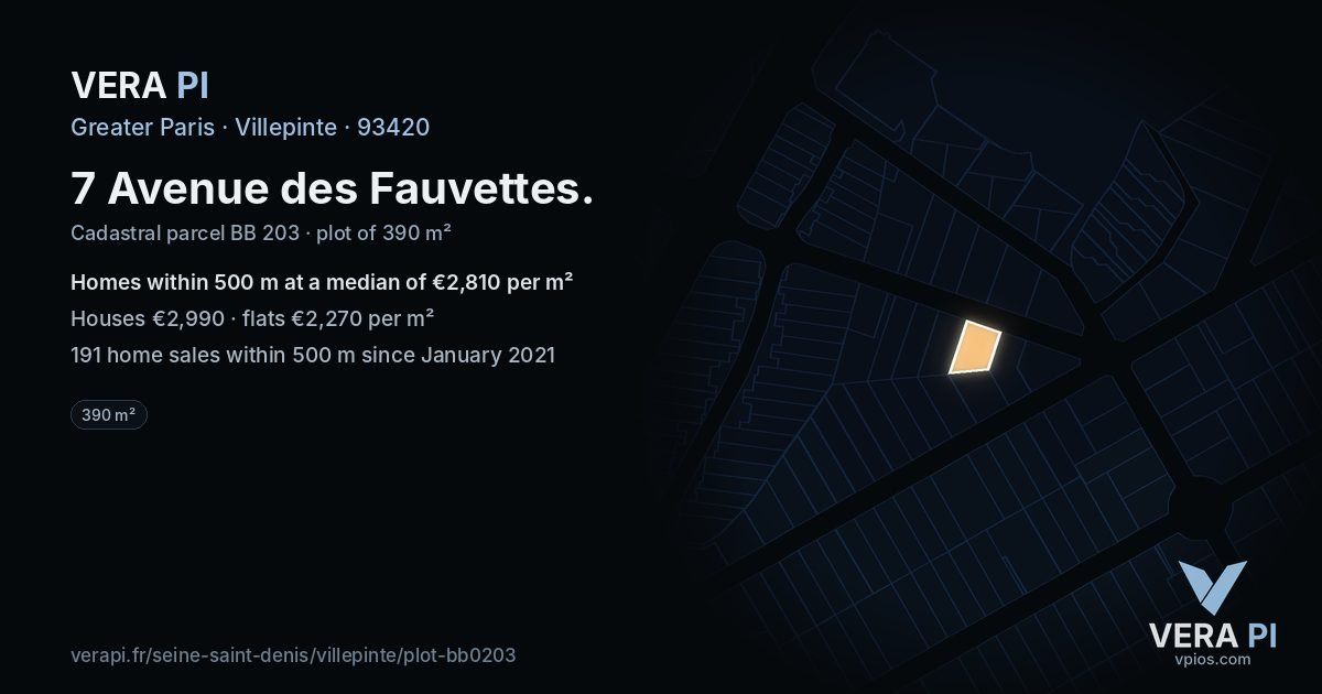 7 Avenue des Fauvettes, Villepinte at night – the plot lit, the parcels around coloured by the prices near them