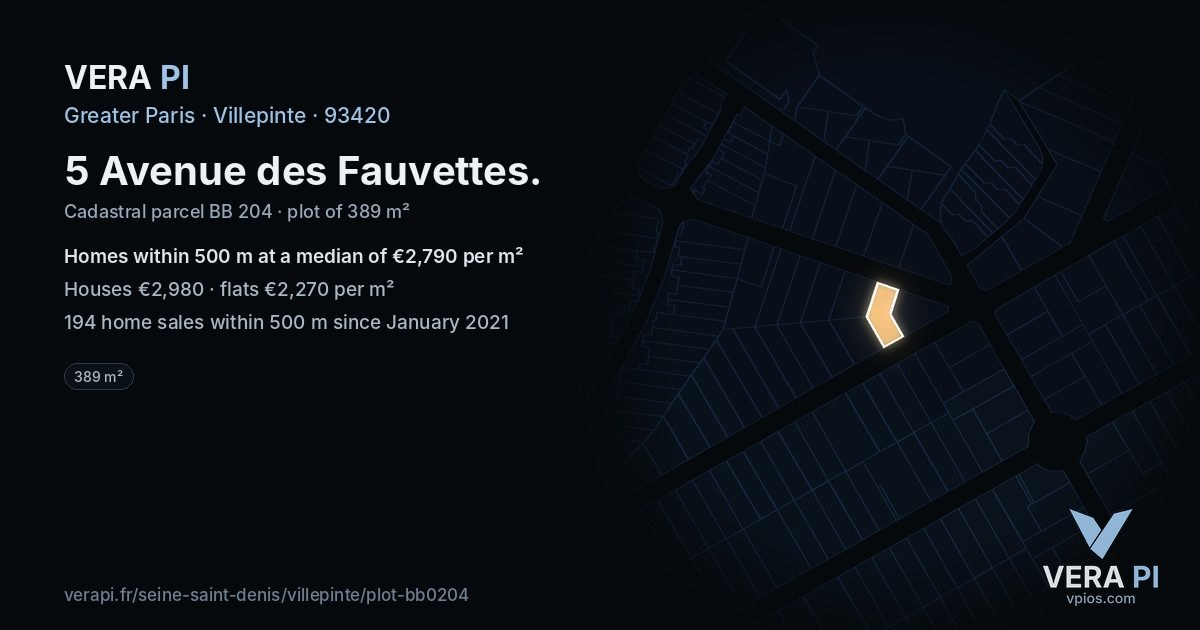 5 Avenue des Fauvettes, Villepinte at night – the plot lit, the parcels around coloured by the prices near them